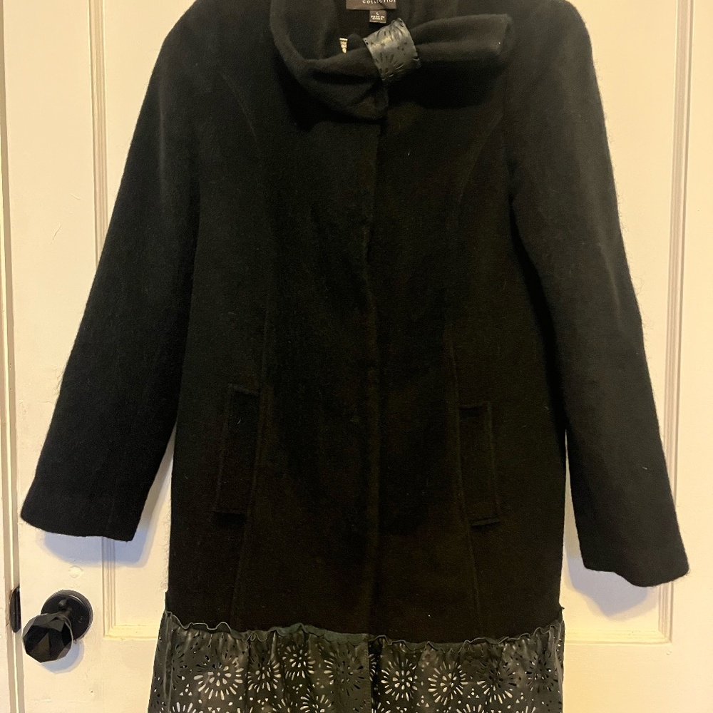 Badgley Mischka black jacket with lace fringe and wrap collar